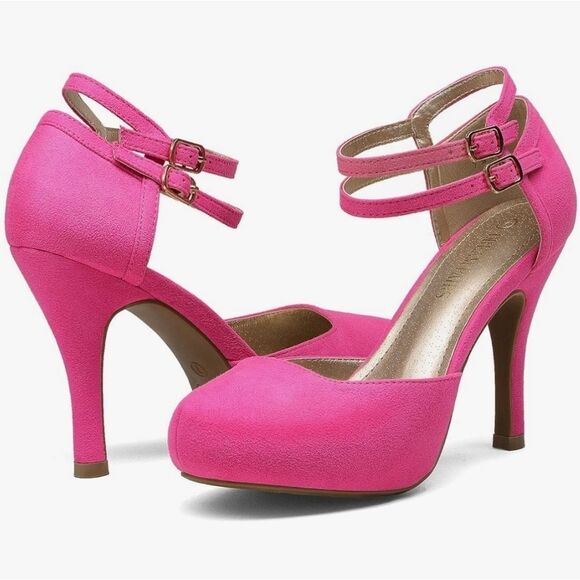 📷🔥Hot Pink Faux Suede Leather Double Ankle Strap Platform Heels Size 7.5 - Picture 2 of 6